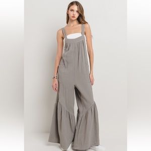 20 Cotton Gauze Shirring Detailed Wide Leg Jumpsuit